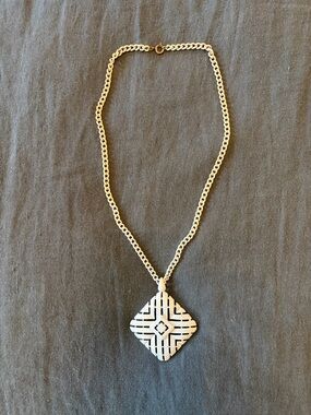 Vintage White Enameled and Gold-Tone Geometric Pendant Necklace - Women Jewelry